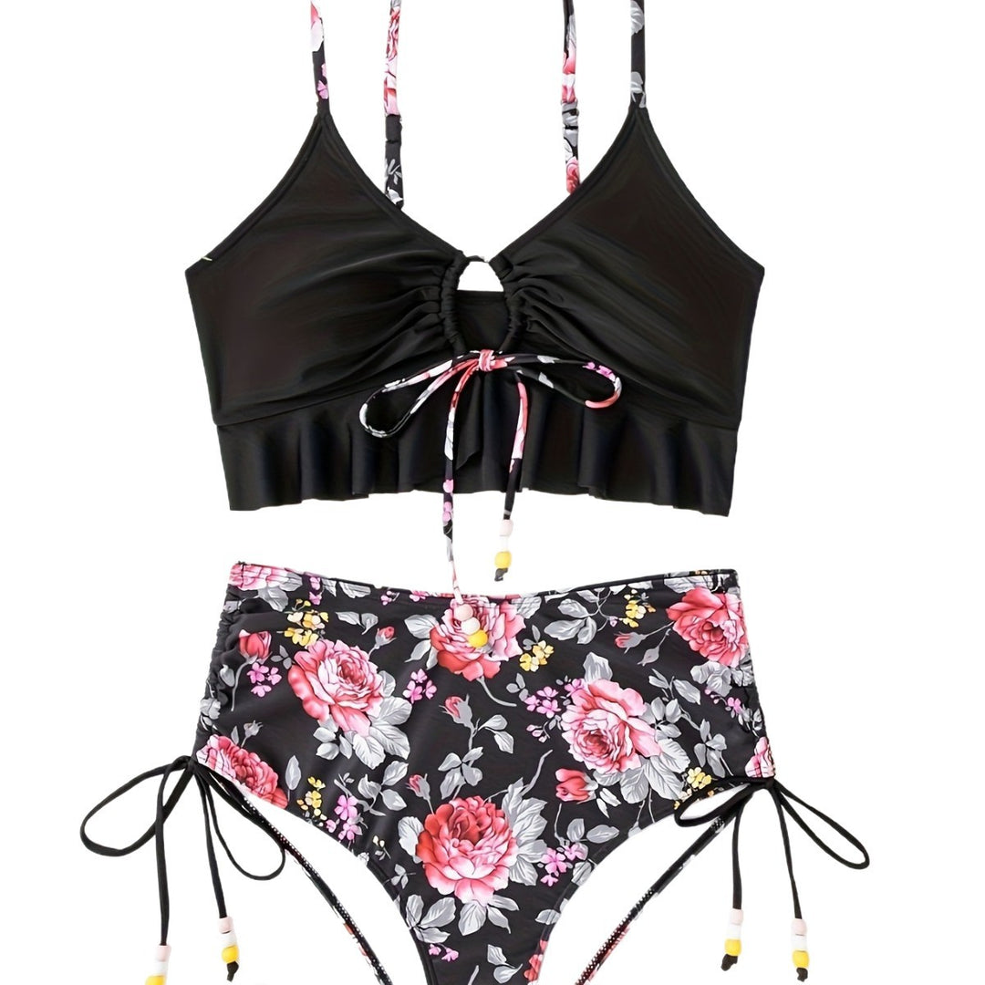 Damen Bikini-Set mit verspieltem Blumenmuster und seitlichem Bindeband Drune