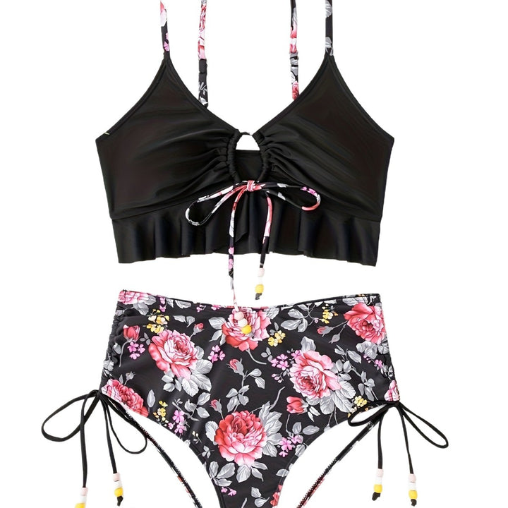 Damen Bikini-Set mit verspieltem Blumenmuster und seitlichem Bindeband Drune