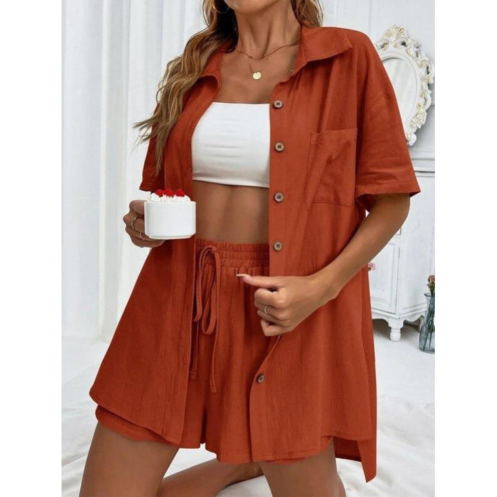 Damen luftiges Zweiteiliges Set mit Hemdbluse und Shorts Drune