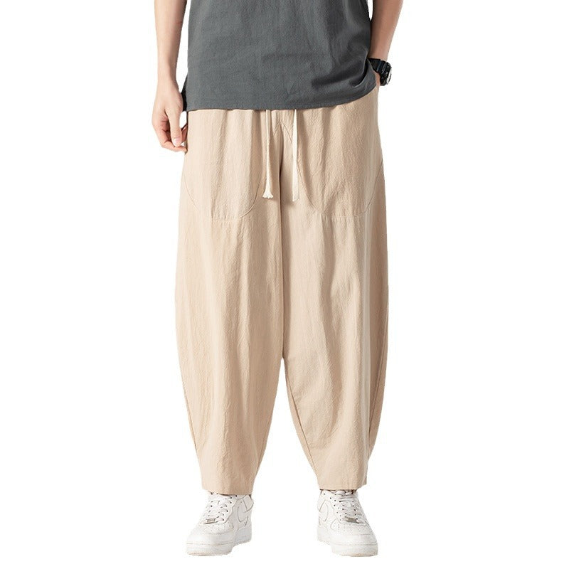 Herren Lässige Leinen-Baumwoll-Hose mit weitem Bein, Kordelzug und aufgesetzten Taschen Drune