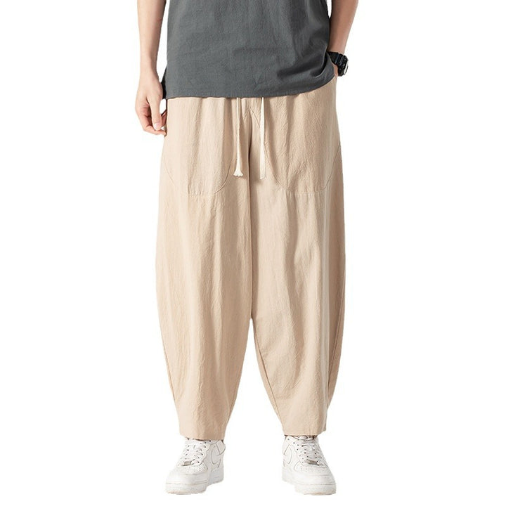 Herren Lässige Leinen-Baumwoll-Hose mit weitem Bein, Kordelzug und aufgesetzten Taschen Drune