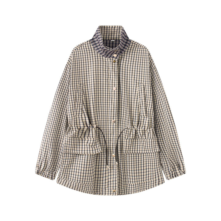 Damen Karierte Oversize-Parka-Jacke mit Tunnelzug und Stehkragen Drune