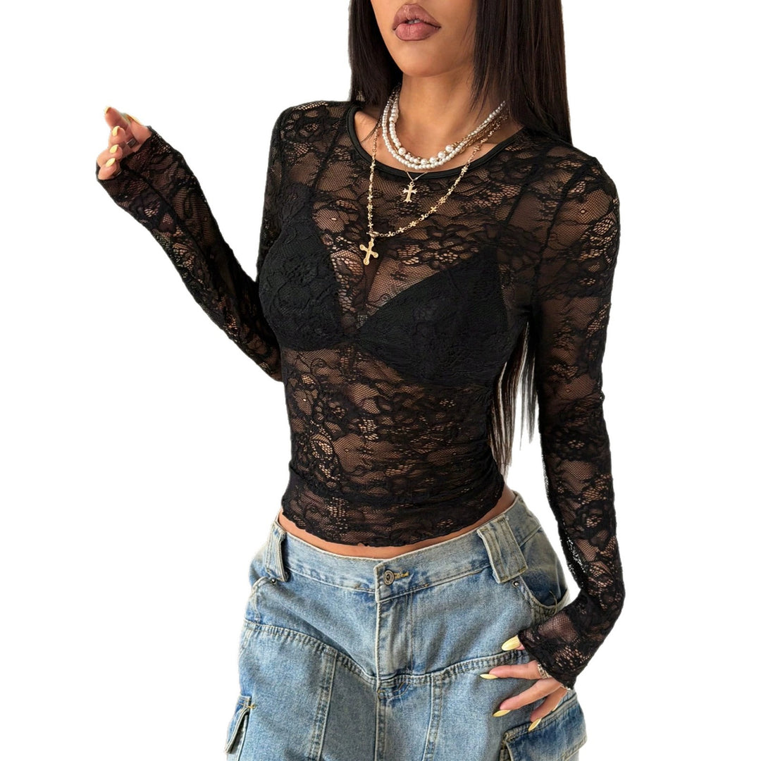 Damen nan tailliertes transparentes Spitzen-Longsleeve mit floralem Ajourmuster und Stretch Drune