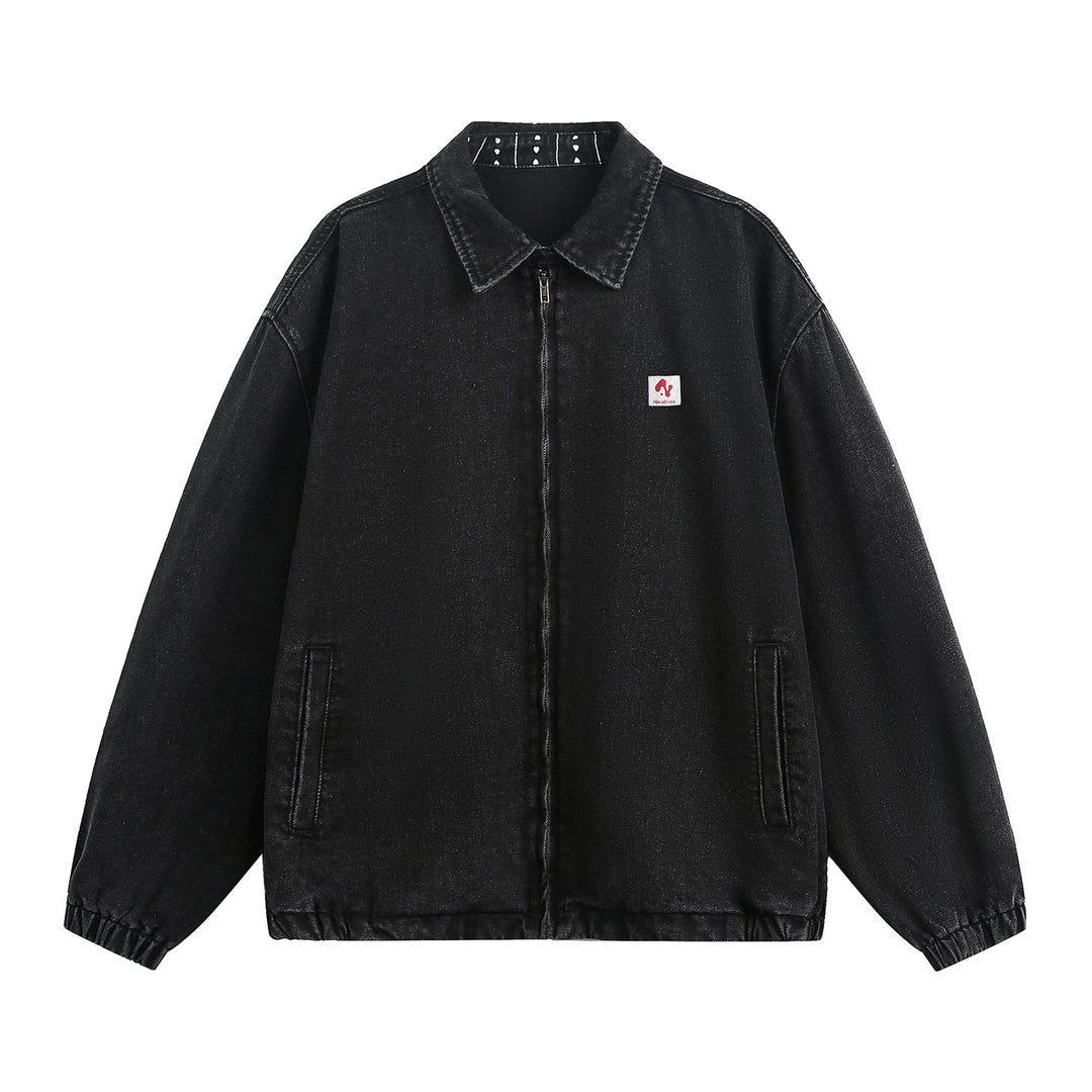 Unisex Oversize Vintage-wash Denim-Jacke mit Kentkragen, Reißverschluss und elastischem Saum Drune