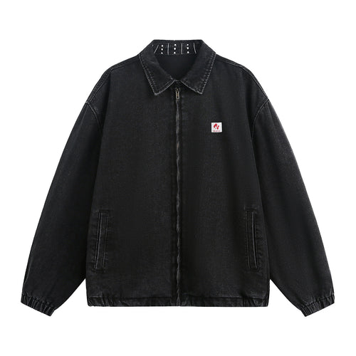 Unisex Oversize Vintage-wash Denim-Jacke mit Kentkragen, Reißverschluss und elastischem Saum Drune