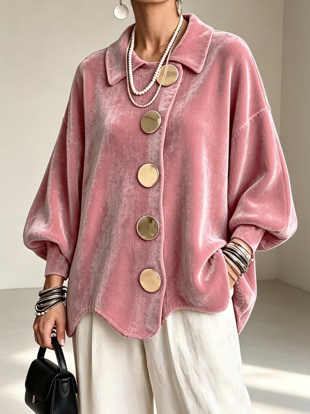 Damen Oversized Samtjacke mit großen Zierknöpfen und Balloon-Ärmeln Drune