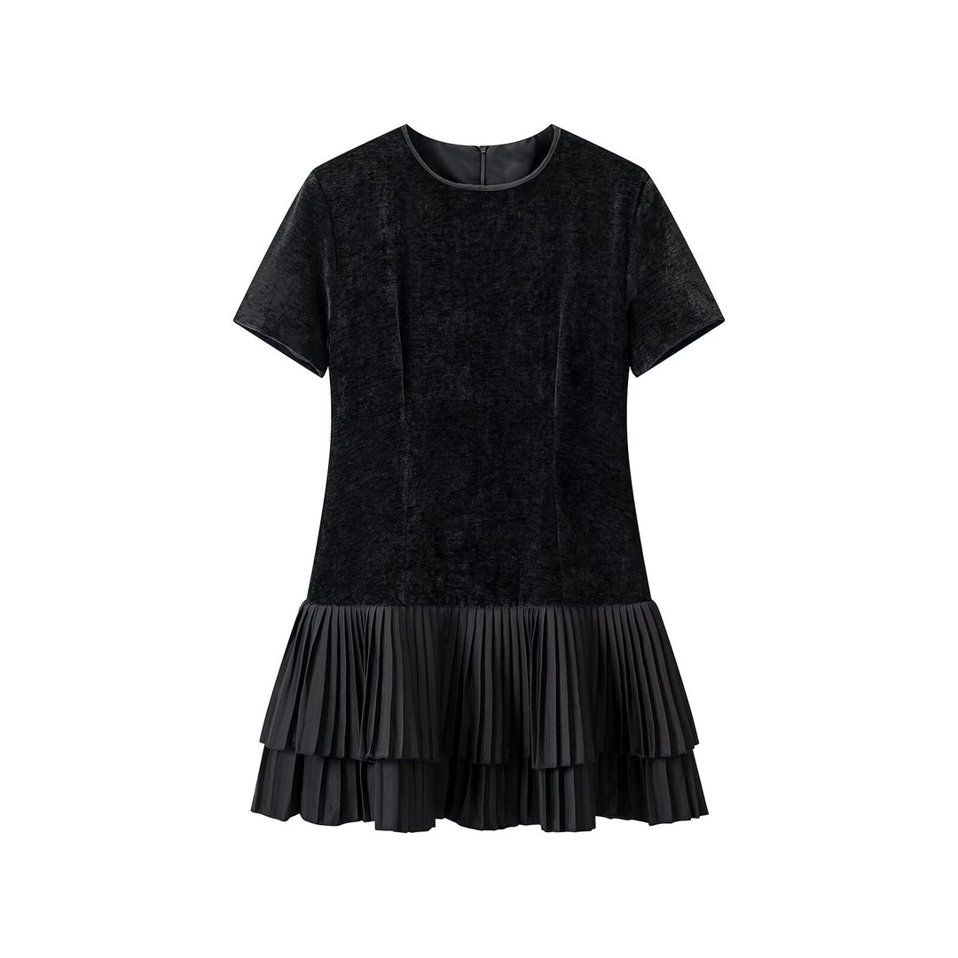 Damen Samt-Midikleid mit kurzen Ärmeln und gestuftem Plisseerock Drune