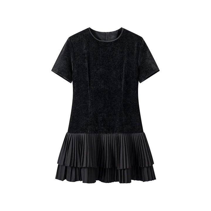 Damen Samt-Midikleid mit kurzen Ärmeln und gestuftem Plisseerock Drune