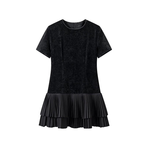 Damen Samt-Midikleid mit kurzen Ärmeln und gestuftem Plisseerock Drune