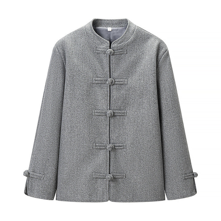Damen Wolloptik-Kurzjacke mit Stehkragen und Knotenverschlüssen Drune