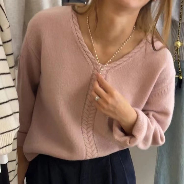 Damen Strickpullover mit V-Ausschnitt und Zopfmuster Drune