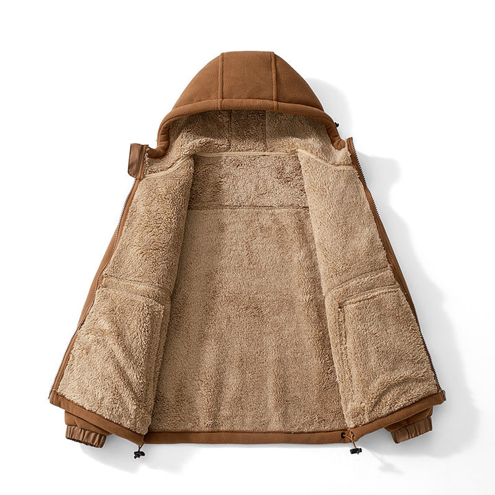Herren Fleece-Kapuzenjacke mit Teddy-Innenfutter, Reißverschlusstaschen und verstellbarem Saum Drune