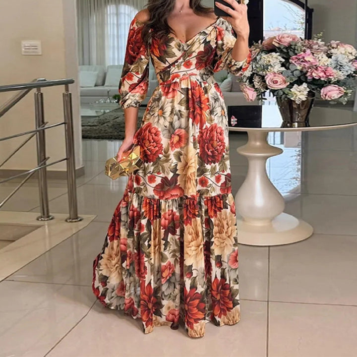 Damen Maxikleid mit V-Ausschnitt und Rüschendetails Drune