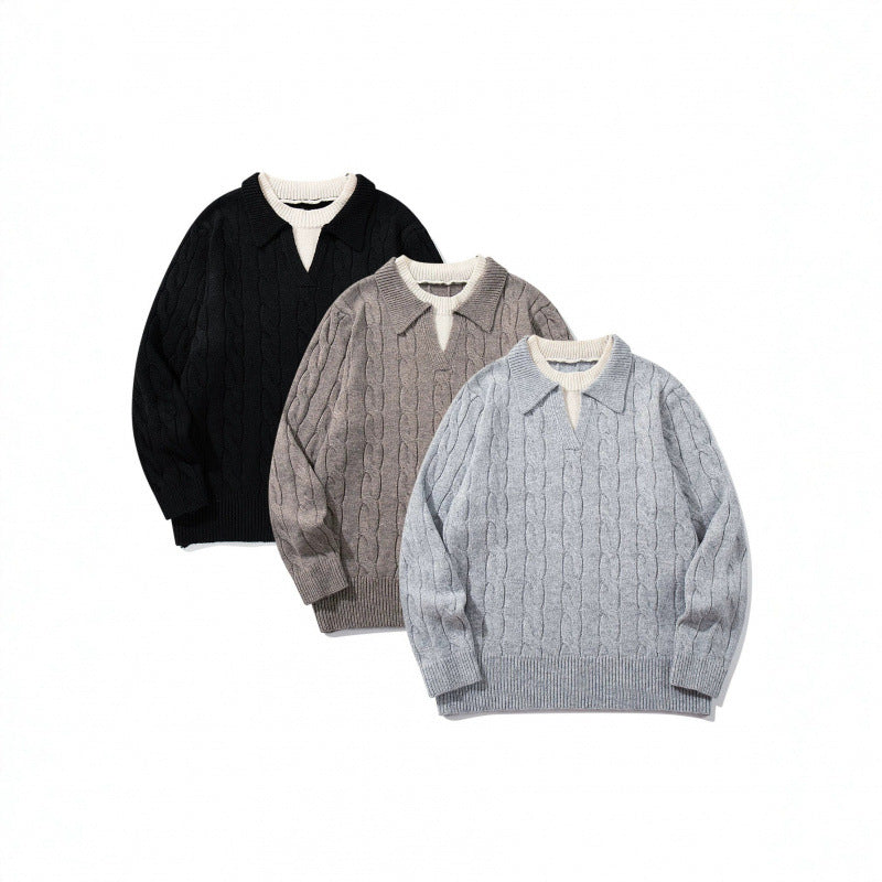 Herren Grobgestrickter Zopfmuster-Pullover mit Polokragen und V‑Ausschnitt Drune