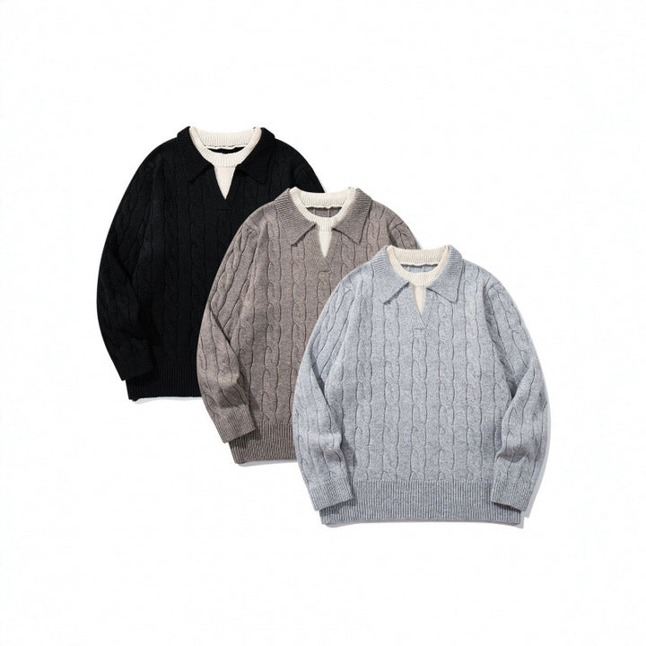 Herren Grobgestrickter Zopfmuster-Pullover mit Polokragen und V‑Ausschnitt Drune