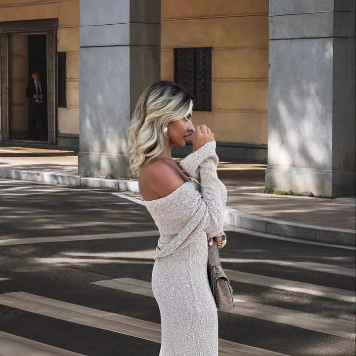Damen Strickkleid mit Off-Shoulder Design und glitzerndem Effekt Drune