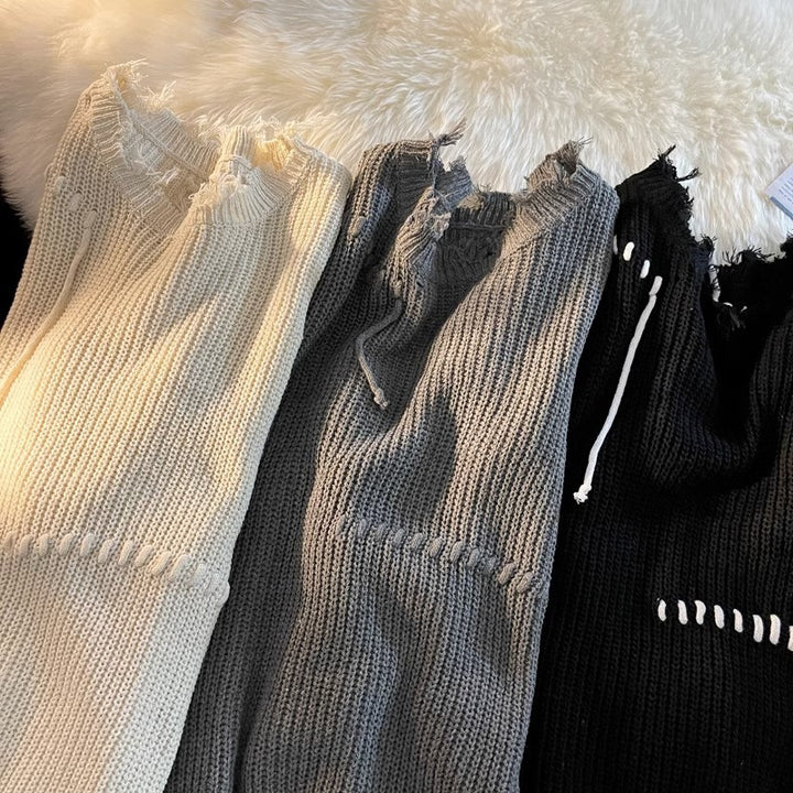 Herren lässiger Strickpullover mit fransigen Abschlüssen und asymmetrischem Design Drune