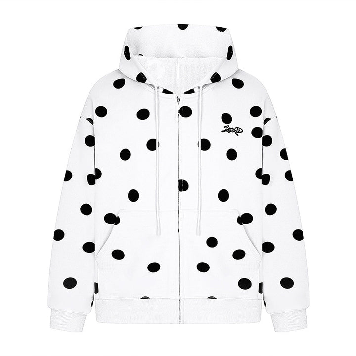 Damen Kapuzen-Sweatjacke mit durchgehendem Reißverschluss, Oversize-Schnitt und Polka-Dot-Print Drune