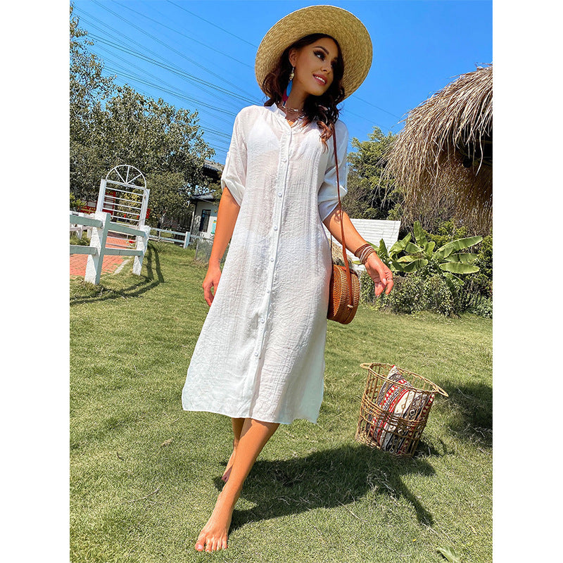 Damen lässiges Sommerkleid mit durchgehender Knopfleiste und seitlichen Taschen Drune