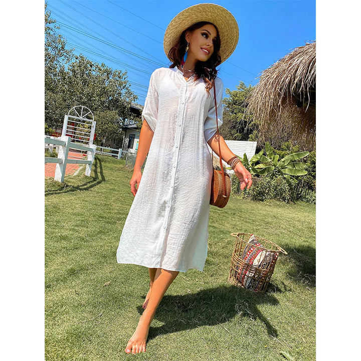 Damen lässiges Sommerkleid mit durchgehender Knopfleiste und seitlichen Taschen Drune