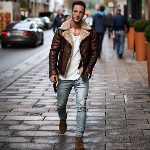 Herren Lederjacke mit schickem Kunstfellkragen Drune