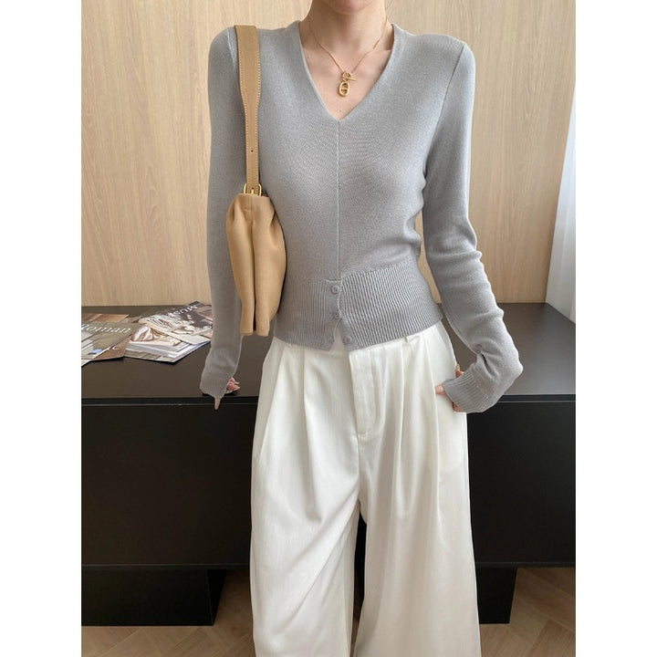 Damen feiner V-Ausschnitt Strickpullover mit Knopfleiste und schmalem Schnitt Drune
