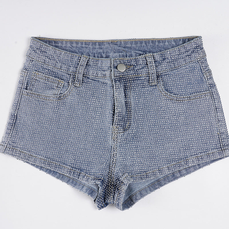 Damen Glitzernde Denim-Shorts mit dekorativen Strasssteinen Drune