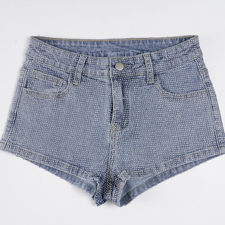 Damen Glitzernde Denim-Shorts mit dekorativen Strasssteinen Drune