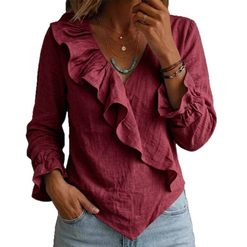 Damen Volant‑Bluse im Leinenlook mit Wickeloptik und asymmetrischem Zipfelsaum Drune