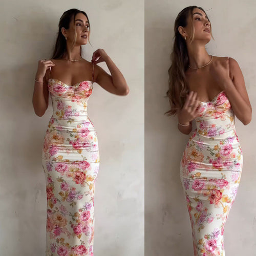 Damen figurbetontes Maxikleid mit floralem Design und elegantem V-Ausschnitt Drune