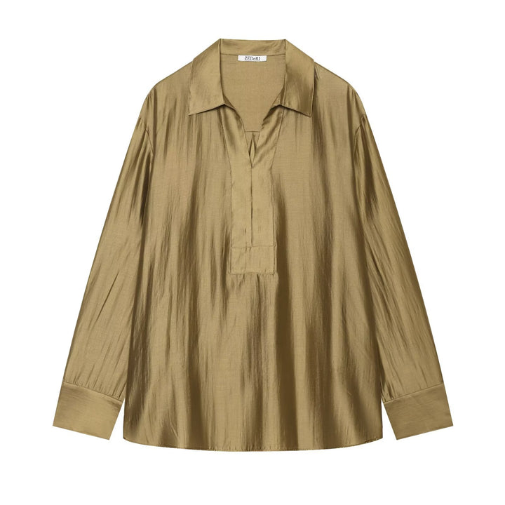 Damen Oversize Tunika Bluse aus schimmernder Crêpe‑Optik mit Hemdkragen und V‑Ausschnitt Drune