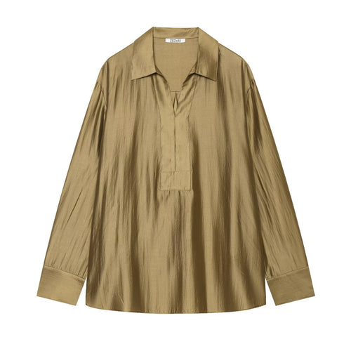 Damen Oversize Tunika Bluse aus schimmernder Crêpe‑Optik mit Hemdkragen und V‑Ausschnitt Drune