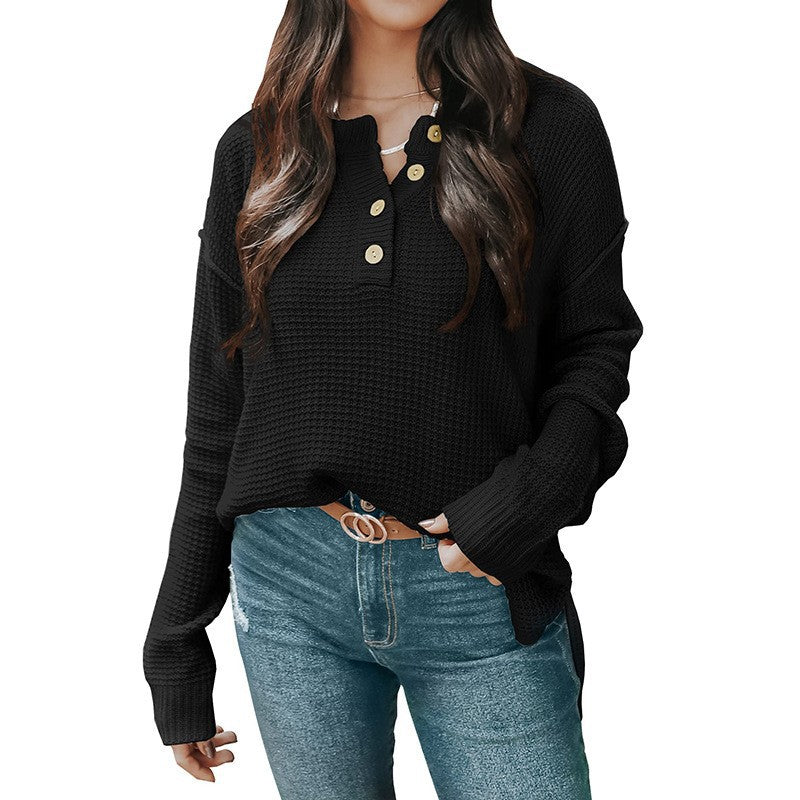 Damen nan lockerer Waffelstruktur Henley Pullover mit Knopfleiste und überschnittener Schulter Drune