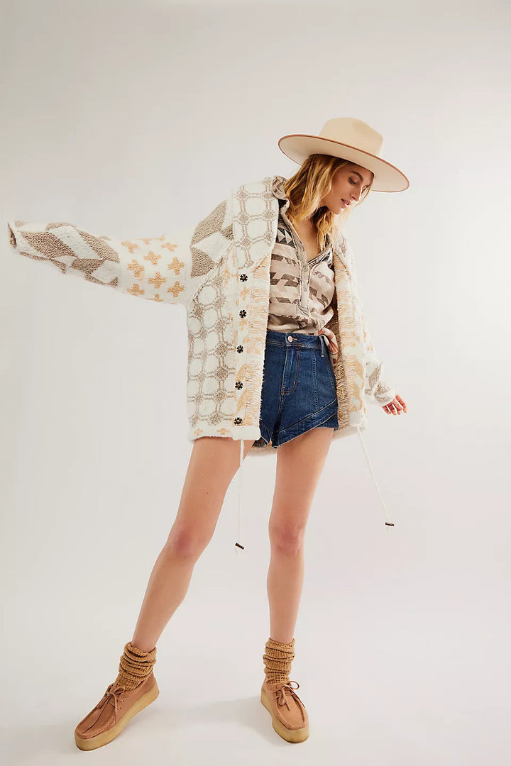 Damen Oversized Strickjacke mit Schalkragen und grafischem Muster Drune