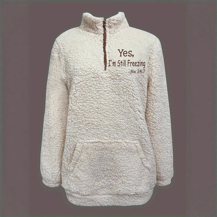 Damen kuscheliger Fleece-Pullover mit kurzem Reißverschluss und originellem Schriftzug Drune