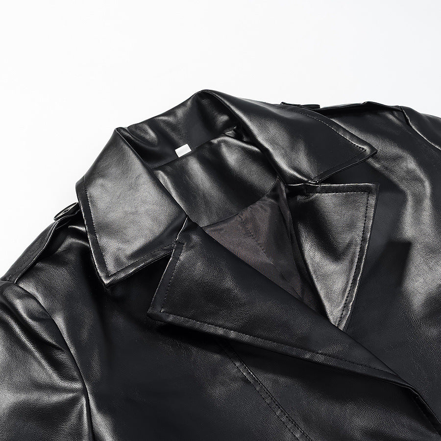 Damen nan langer veganer Trenchcoat aus Lederimitat mit Taillengürtel und Epauletten Drune