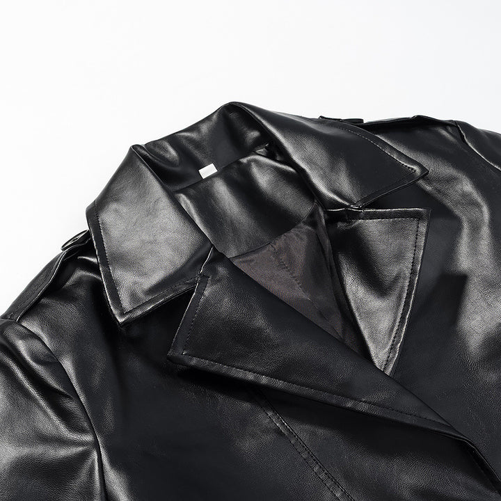 Damen nan langer veganer Trenchcoat aus Lederimitat mit Taillengürtel und Epauletten Drune