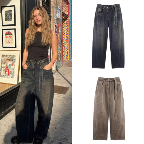 Damen Weite hochtaillierte Culotte-Hose mit Ziernaht, aufgesetzten Taschen und Bindegürtel Drune
