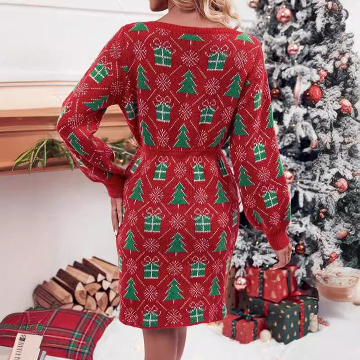 Damen Strickkleid mit festlichem Weihnachtsmotiv und weitem Rundhalsausschnitt Drune