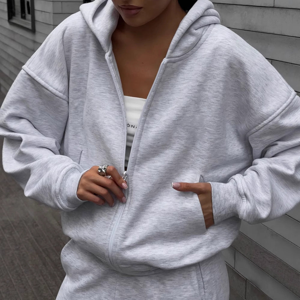 Damen extraweites Relaxed-Fleece-Set mit überlanger Kapuzenzipjacke und fließender Hose mit hohem Bund Drune