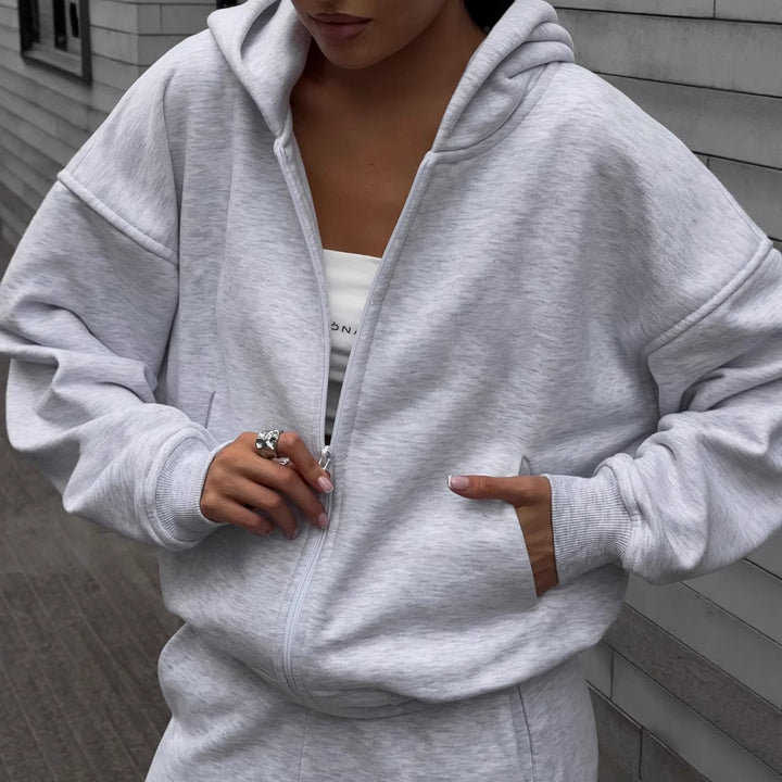 Damen extraweites Relaxed-Fleece-Set mit überlanger Kapuzenzipjacke und fließender Hose mit hohem Bund Drune