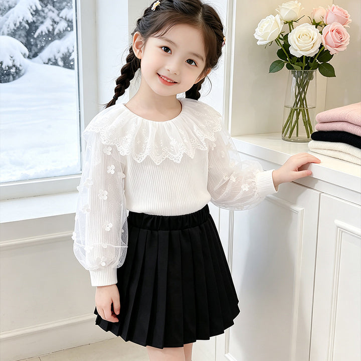 Mädchen Bluse mit floralen Spitzenärmeln und Rüschenbesatz Drune