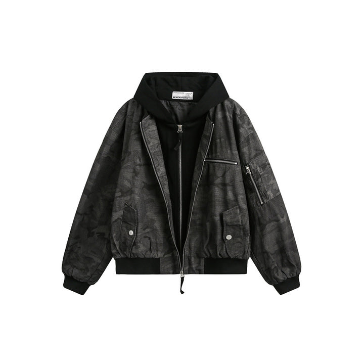 Herren Kurz geschnittener Oversize-Bomber im Layer-Look mit integrierter Kapuze und Camouflage-Jacquard Drune