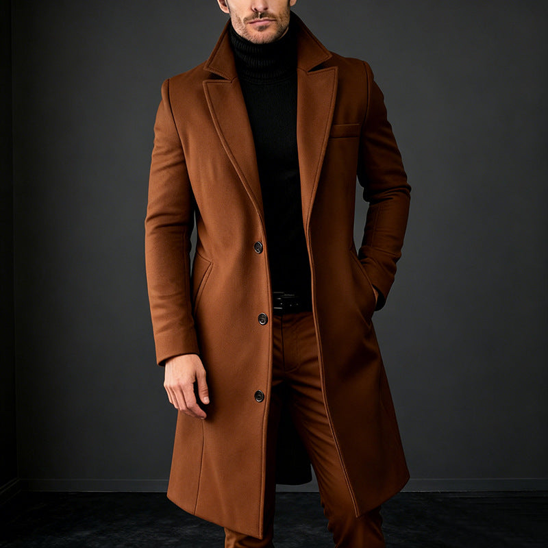 Herren Eleganter einreihiger Langmantel aus Wollmix mit schmaler Silhouette und Reverskragen Drune