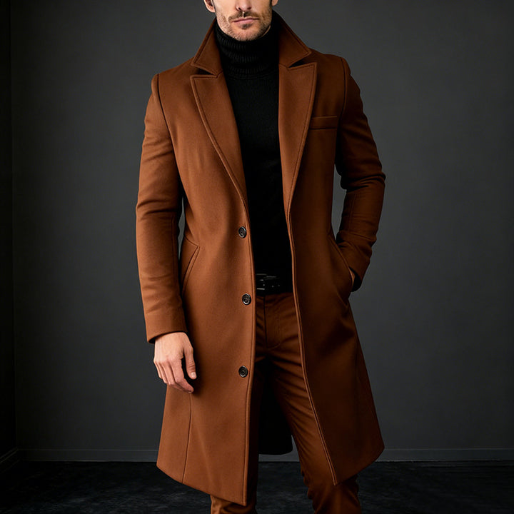 Herren Eleganter einreihiger Langmantel aus Wollmix mit schmaler Silhouette und Reverskragen Drune