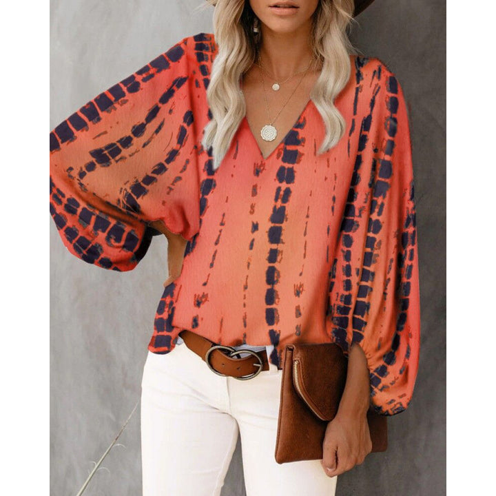 Damen Bluse mit weitem Puffärmel und eleganter V-Ausschnitt Drune
