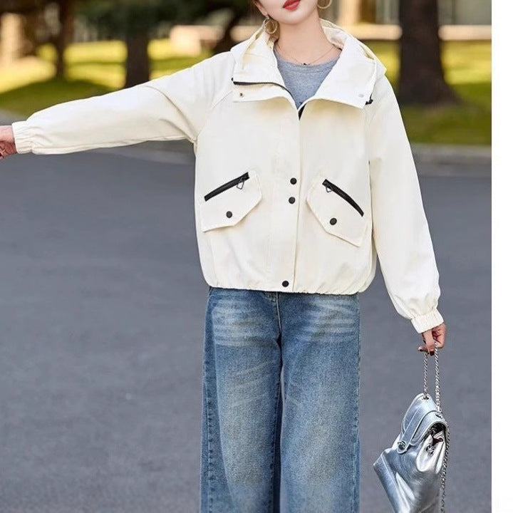 Damen modische Übergangsjacke mit verstellbarem Kapuzendesign und praktischen Taschen Drune