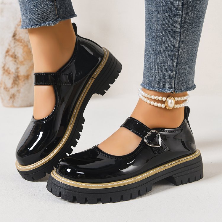 Damen Riemchen‑Slipper im Mary‑Jane‑Stil mit grober Profilsohle und Herzschließe Drune