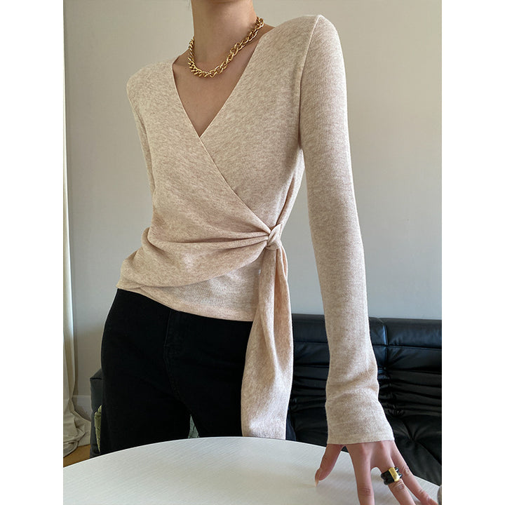 Damen Wickelpullover aus weichem Strick mit V-Ausschnitt und dekorativem Bindeband Drune