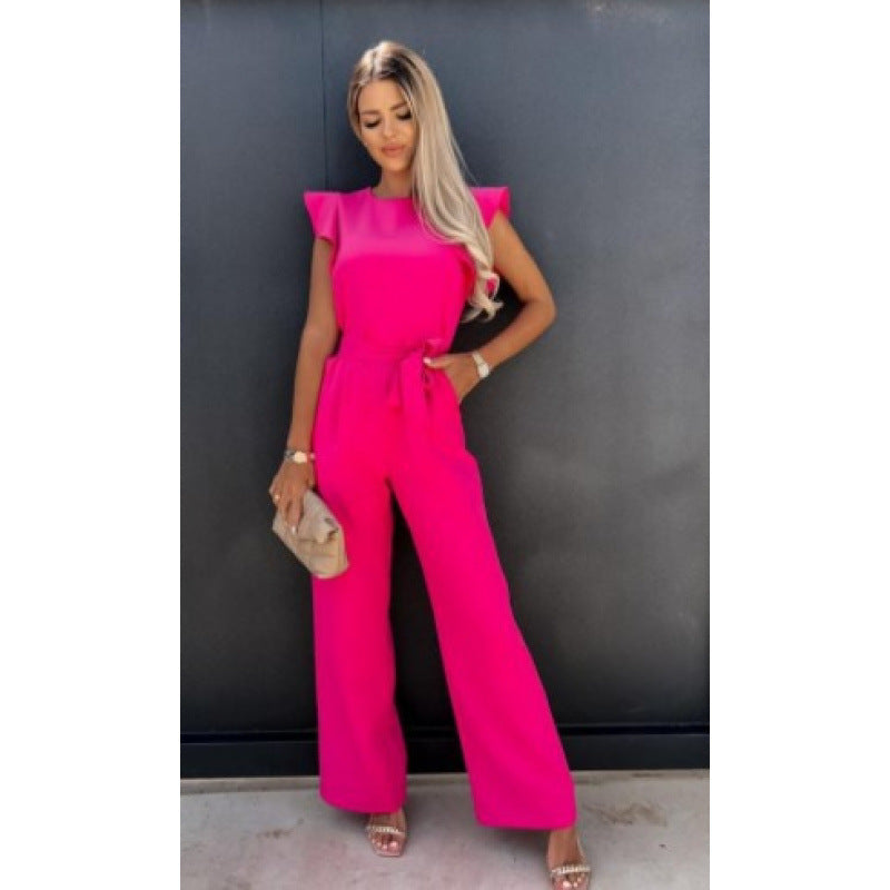 Frauen Fließender Weitbeiniger Jumpsuit mit Rüsche Ärmel Drune